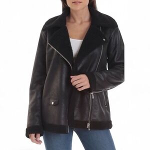 AVEC LES FILLES Shearling Moto Jacket Faux Vegan Leather Oversized Black Sz XS‎